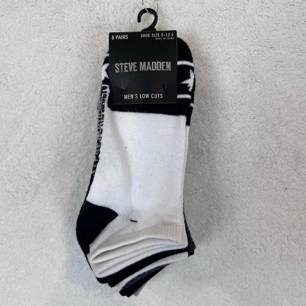 Steve Madden Low-Cut Socks 8-Pair White Black Gray Stars‎ & Logo